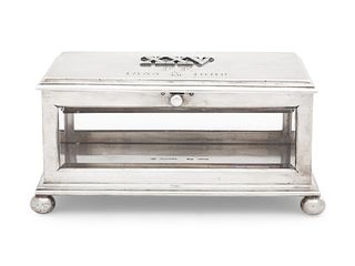 A Russian Silver and Glass-Inset Presentation Table-Top Cigarette Box