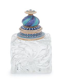 A Russian Silver and Enameled and Cut Glass Inkwell