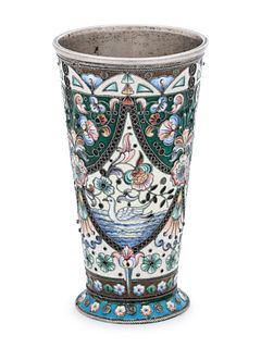 A Russian Silver and Shaded Enamel Beaker