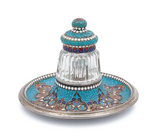 A Russian Silver, Enameled and Cut Glass Inkwell