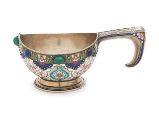 A Russian Silver and Shaded Enamel Kovsh