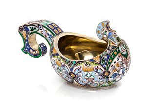 A Russian Silver and Enameled Kovsh
