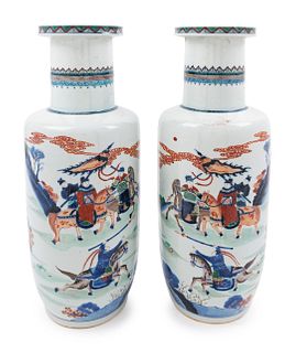 A Pair of Underglaze Blue and Wucai Porcelain Rouleau Vases