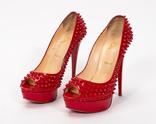 PAIR, CHRISTIAN LOUBOUTIN RED LADY PEEP SPIKES 150
