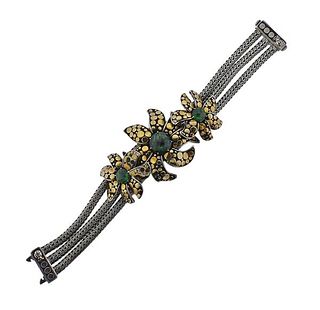John Hardy Dot Ayu Jasmine Silver 18K Gold Flower Green Stone Bracelet