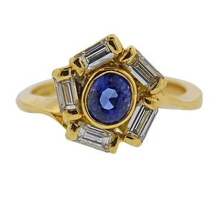 English 18K Gold Diamond Blue Stone Ring