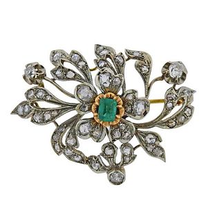 14K Gold Diamond Emerald Brooch Pin