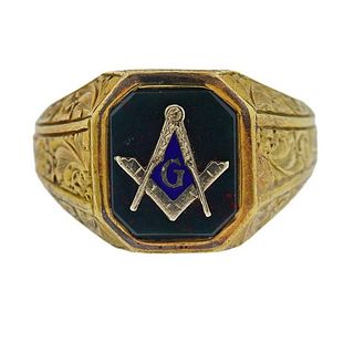 Antique 14K Gold Bloodstone Enamel Masonic Men&#39;s Ring