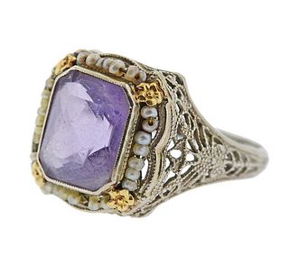 Art Deco 14k Gold Purple Stone Seed Pearl Filigree Ring