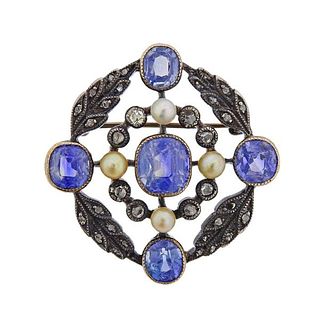 Antique 14k Gold Silver Diamond Pearl Blue Stone Brooch Pin