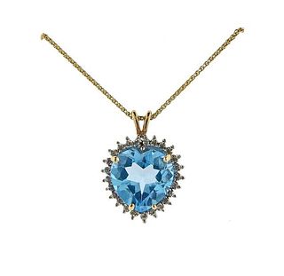 14K Gold Diamond Blue Topaz Pendant Necklace