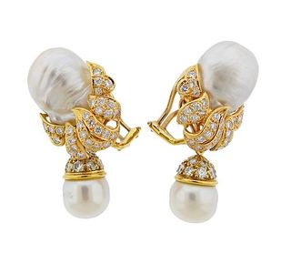 18K Gold Diamond Baroque Pearl Earrings
