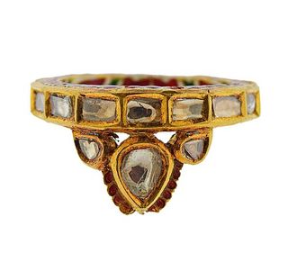 Indian 18K Gold Rose Diamond Enamel Ring