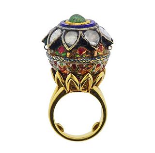 Indian 18K Gold Enamel Color Stone Dome Ring