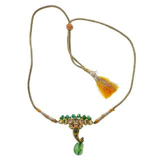 Indian 22K Gold Emerald Gemstone Cord Necklace