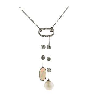 18K Gold Platinum Diamond Opal Pearl Pendant on Sterling Necklace