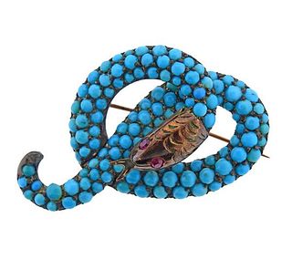Antique Victorian Silver Gold Turquoise Snake  Pin 