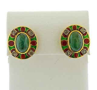 18k Gold Diamond Emerald Enamel Earrings 