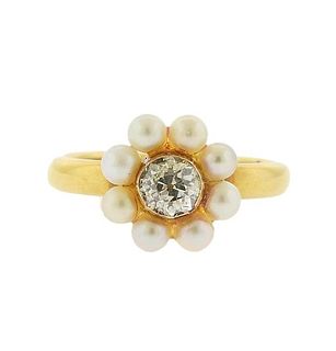 18K Gold Diamond Pearl Flower Ring