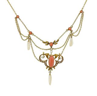 Antique 14 Gold Pearl Diamond Coral Lavalier Necklace