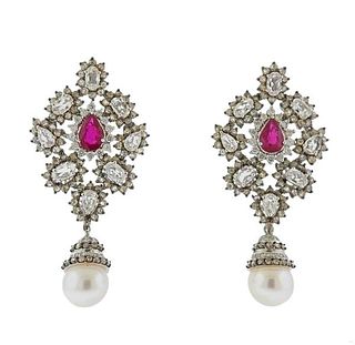 18k Gold Diamond Pearl Ruby Earrings