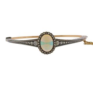 Antique Continental Gold Silver Diamond Opal Bracelet