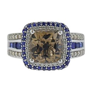  Modern 18k Gold Sapphire Diamond Gemstone Ring