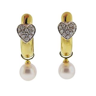  18k Gold Diamond Pearl Hoop Earrings