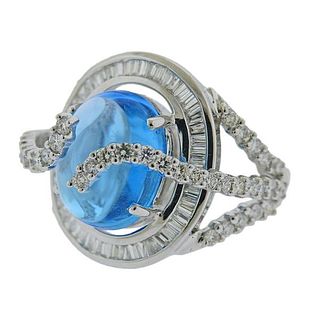 Italian 18k Gold 1.60ctw Diamond Blue Topaz Cocktail Ring