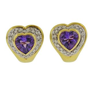 18k Gold Diamond Amethyst Heart Earrings