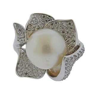  18k Gold Diamond South Sea Pearl Flower Ring