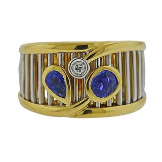 Italian 18k  Gold Diamond Sapphire Band Ring