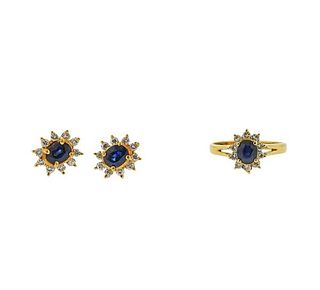 18k Gold Diamond Sapphire Earrings Ring Set 