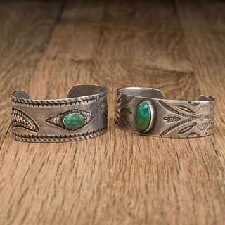 Pair of Early Navajo Ingot and Turquoise Cuff Bracelets