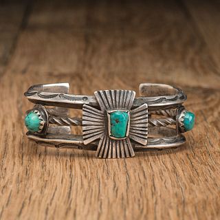 Navajo Silver and Turquoise Cuff Bracelet, with Cross