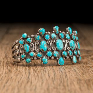 Navajo Silver and Turquoise Cluster Cuff Bracelet