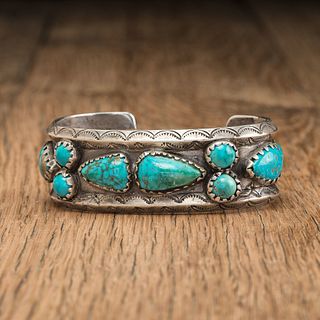 Navajo Stamped Silver and Turquoise Cuff Bracelet, ex Clay Lockett Collection (1908-1984), Arizona
