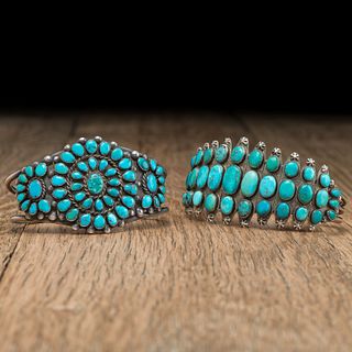 Navajo and Zuni Silver and Turquoise Cluster Cuff Bracelets