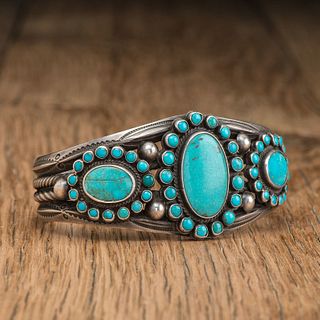 Navajo Silver and Turquoise Cluster Cuff Bracelet