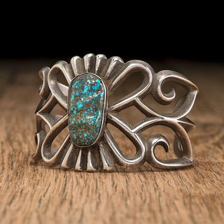 Leekya Deyuse (Zuni, 1889-1966) Attributed, Carved Turquoise Stone, Set On Navajo Sand Cast Silver Cuff Bracelet