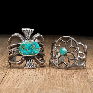 Navajo Sand Cast Silver and Turquoise Cuff Bracelets