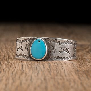 Navajo Stamped Silver Cuff Bracelet, with Whirling Logs and Arrows, ex Clay Lockett Collection (1908-1984), Arizona