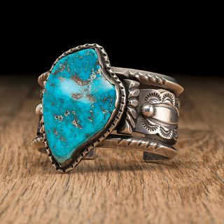Carl Luthey Studio (act. 1956-1970's) Navajo Silver and Villa Grove Turquoise Cuff Bracelet