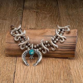Navajo Sandcast Silver and Turquoise Squash Blossom Necklace, ex Lynn Trusdell Collection (1938-2008), Pennsylvania