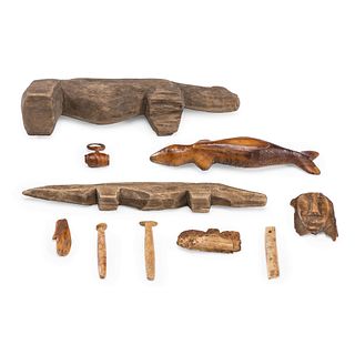 Early Alaskan Eskimo Fossilized Walrus Ivory Objects and Wood Figures