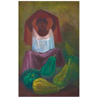 ANTONIO RAMÍREZ, Vendedora de calabazas, Signed, Oil on canvas, 17.9 x 11.8" (45.5 x 30 cm)