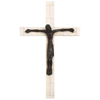 JEAN LAMBERT-RUCKI, Crucifijo en pie, Signed, Bronze sculpture on wooden cross and bone plates, 20 x 12.4 x 2.7" (51 x 31.5 x 7 cm)