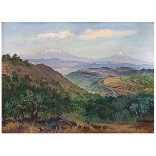 FELICIANO PEÑA, Los volcanes desde El Cantil, Firmado al frente y al reverso, Óleo sobre tela sobre madera, 43.5 x 60 cm