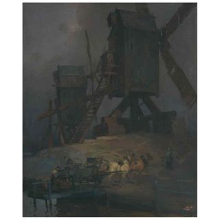 JOSÉ BARDASANO, Paisaje con molinos holandeses, Firmado, Óleo sobre tela, 100 x 81 cm