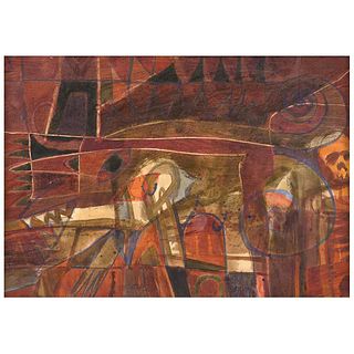 GUILLERMO PACHECO LÓPEZ, Nahuatl, Firmada, Acuarela, gouache y arena sobre papel, 33 x 47.5 cm